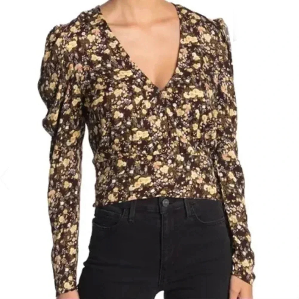 AFRM Mini Floral Cropped Long Puff Sleeve Wrap Blouse M